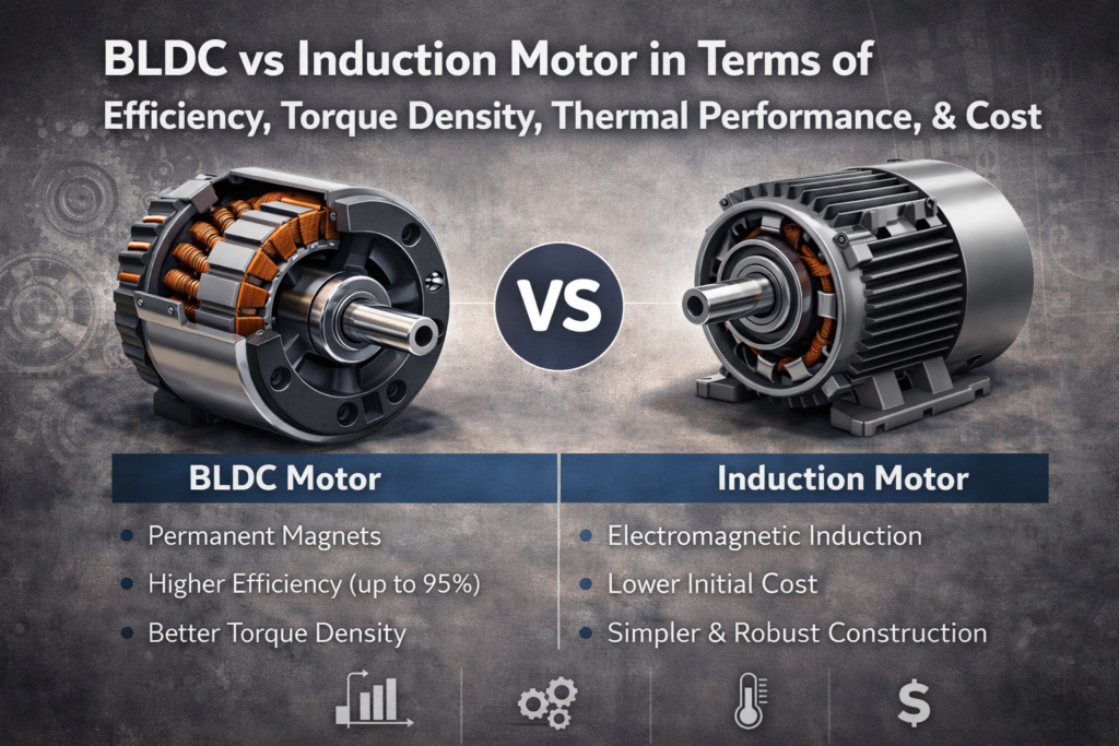 BLDC vs induktionsmotor med hensyn til effektivitet, Momenttæthed, Termisk ydeevne, og omkostninger