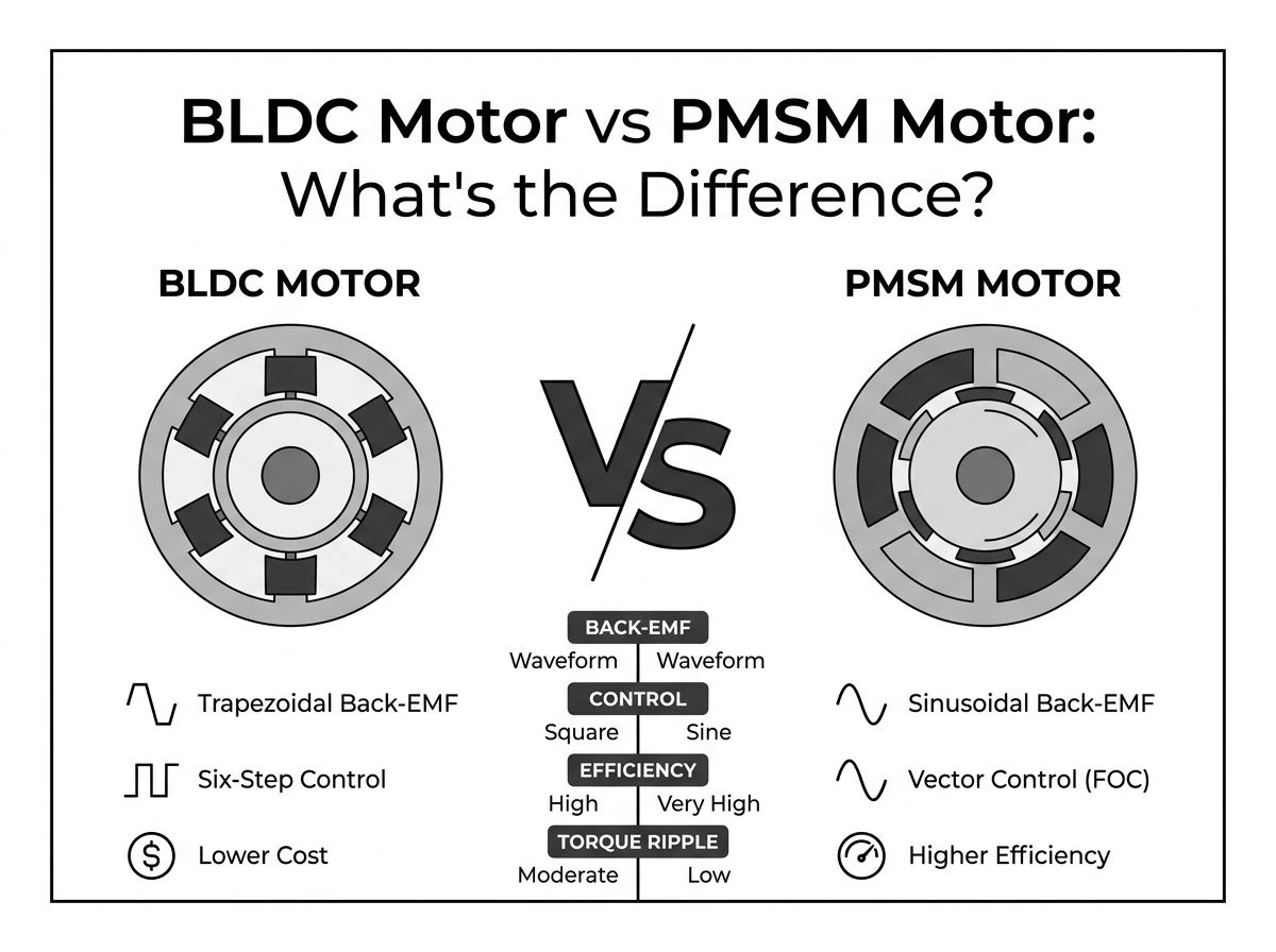 BLDC motor versus PMSM motor compared by back-EMF waveform, commutation method, efficiency and torque ripple