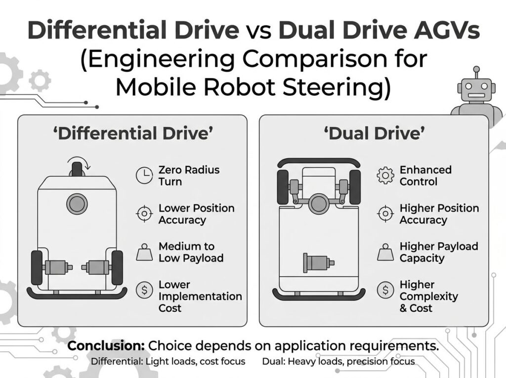 AGVs de acionamento diferencial versus acionamento duplo(Comparação de engenharia para direção de robô móvel)