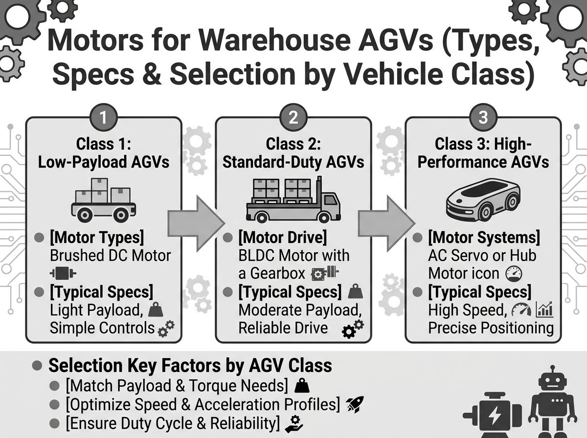 Brushless DC motors driving warehouse AGV traction and lift systems